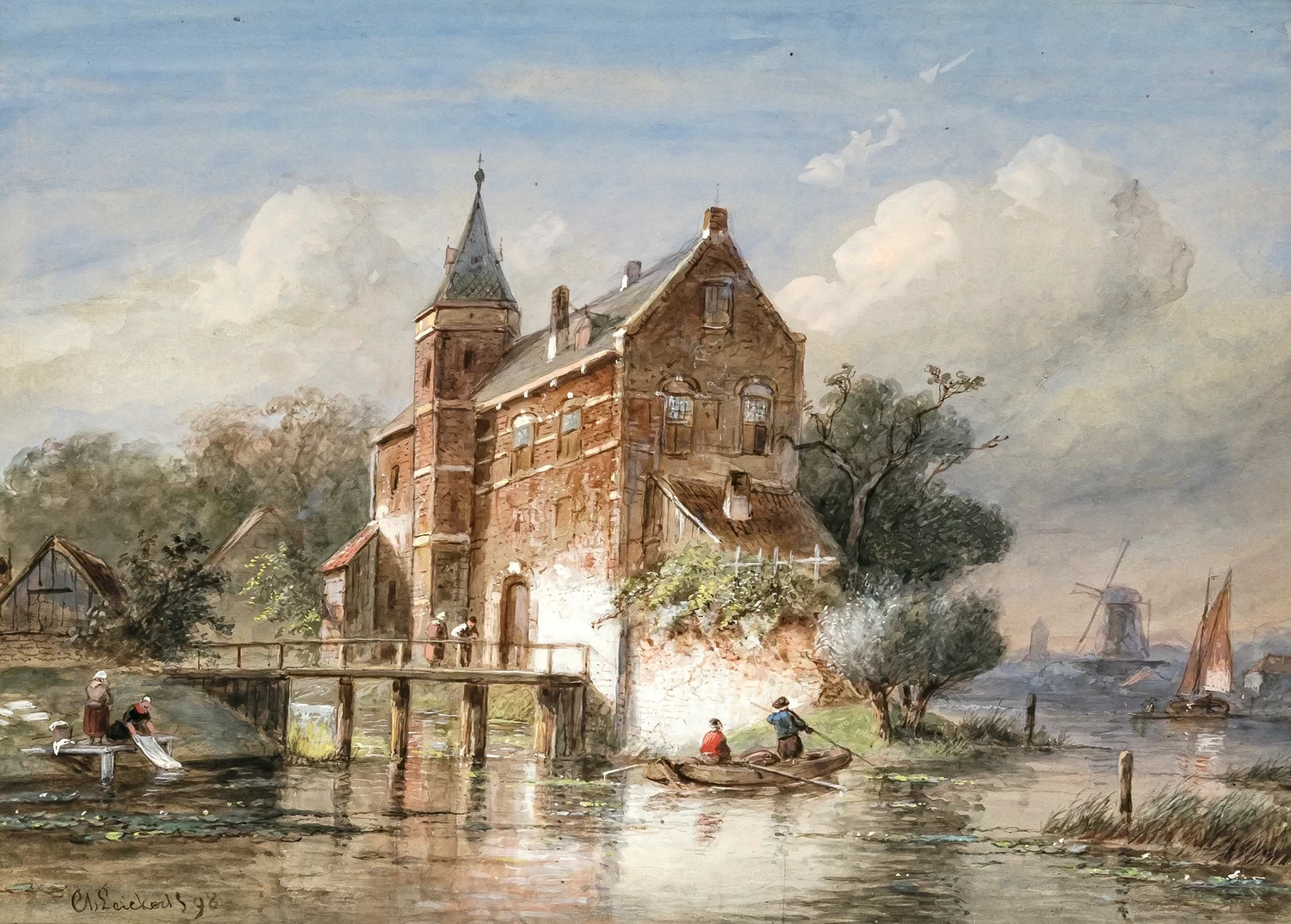 Charles Leickert - Paesaggio fluviale olandese con figure